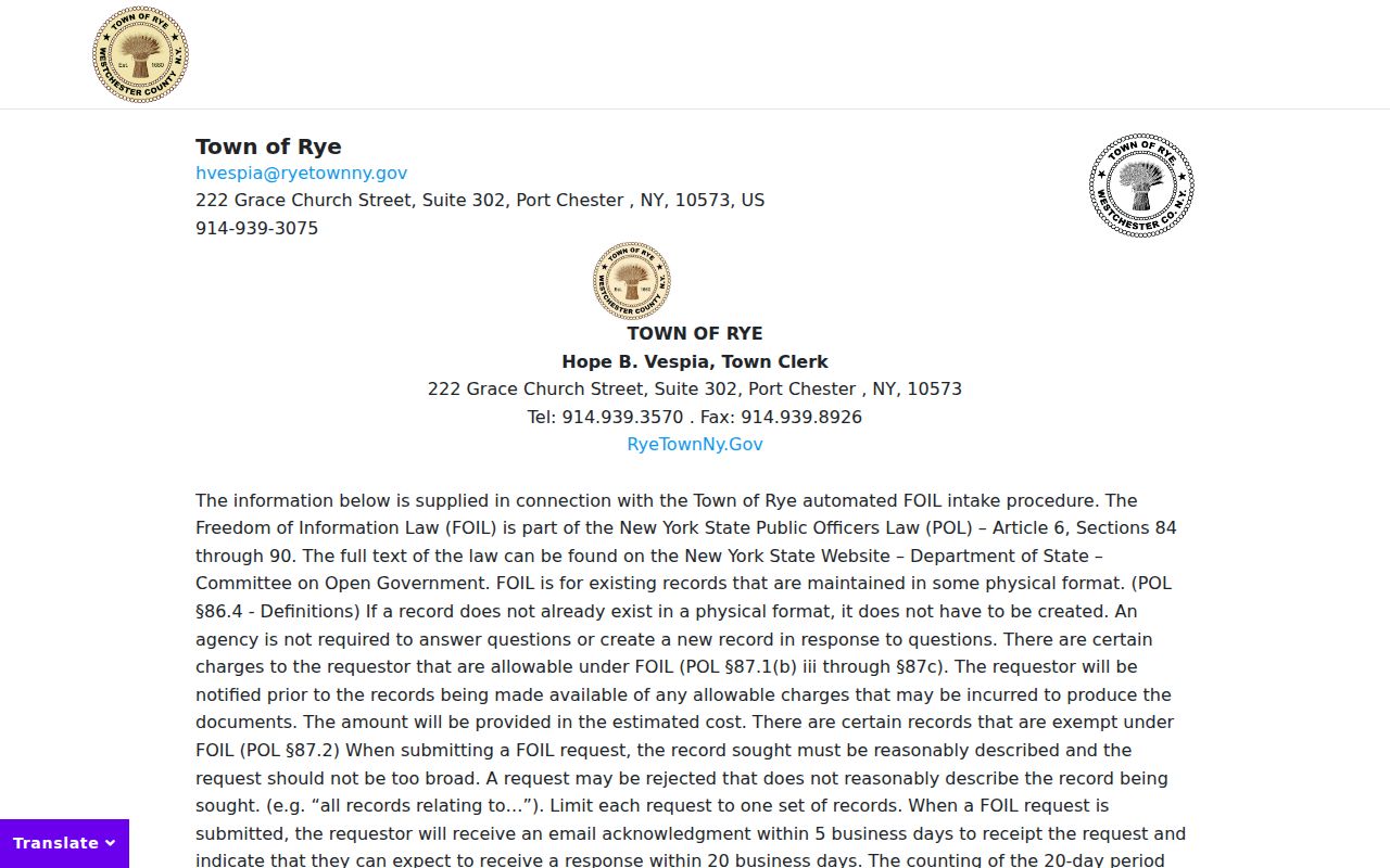 Town of Rye residents directory online FOIL request form